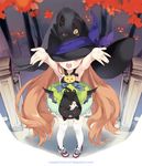  arms_up brown_hair comet_(teamon) dress halloween hat long_hair looking_at_viewer open_mouth original pigeon-toed pink_hair porch shoes sneakers solo standing thighhighs very_long_hair white_legwear witch_hat 