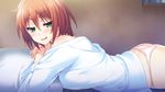  1girl ane_yome_quartet ass ayase_hazuki blush breast_press breasts game_cg green_eyes hanabishi_anzu highres hisashi_(nekoman) large_breasts looking_at_viewer lying on_stomach orange_hair panties pillow short_hair smile solo underwear 