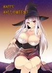  bare_shoulders basket breasts cleavage dragon's_crown halloween hat highres large_breasts long_hair looking_at_viewer red_eyes revision rozen_maiden sash silver_hair sitting smile solo sorceress_(dragon's_crown) sorceress_(dragon's_crown)_(cosplay) suigintou thighs tousen witch_hat 