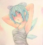  acrylic_paint_(medium) armpits arms_behind_head blue_eyes blue_hair blush bow breasts cirno contemporary graphite_(medium) hair_bow highres ice ice_wings looking_back open_mouth short_hair small_breasts solo tank_top touhou traditional_media upper_body watercolor_(medium) wings yuyu_(00365676) 