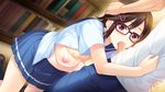  1girl ane_yome_quartet areolae ayase_hazuki black_hair blush book bra bra_lift breasts brown_eyes censored fellatio game_cg glasses hand_on_head highres hisashi_(nekoman) kawakami_minamo kneeling large_breasts library nipples open_clothes open_shirt oral penis school_uniform shirt short_hair skirt sweat underwear 