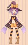  cupen halloween hat highres navel original purple_eyes purple_hair short_hair solo striped striped_legwear thighhighs witch_hat 