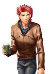  casual denim drink jacket jeans jojo_no_kimyou_na_bouken kakyouin_noriaki kotatsu_(g-rough) leather leather_jacket male_focus pants red_eyes red_hair solo white_background 
