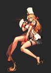  [saw] absurdly_long_hair arm_support bad_id bad_pixiv_id blue_eyes breasts chef_hat full_body grey_background hat high_heels highres knife large_breasts legs long_hair looking_at_viewer orange_hair original shoe_dangle shoes sitting skirt solo thigh_strap very_long_hair wrist_cuffs 