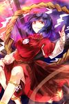  grin hair_ornament kutsuki_kai leaf maple_leaf onbashira purple_hair red_eyes ribbon rope shimenawa short_hair smile solo sunset touhou yasaka_kanako 