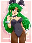  animal_ears bare_shoulders blush bow bowtie breasts brown_legwear bunny_ears bunnysuit cleavage covered_navel detached_collar embarrassed ganbare_goemon green_eyes green_hair heart konpeto large_breasts long_hair open_mouth pantyhose solo wrist_cuffs yae_(ganbare_goemon) 
