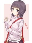  1girl bag belt black_eyes black_hair eyebrows_visible_through_hair heart holding holding_bag itsuwa long_sleeves ribbed_sweater shin_(highest1192) short_hair smile solo standing sweater to_aru_majutsu_no_index white_sweater 