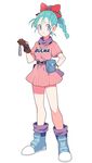  belt boots bow braid brown_gloves bulma dragon_ball dragon_ball_(classic) dragon_radar dress frown full_body gloves gum_(gmng) hair_bow hand_on_hip name_tag pouch purple_eyes scarf simple_background solo striped vertical_stripes white_background 