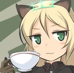  :3 animal_ears blonde_hair blush_stickers brown_gloves cat_ears cup gloves green_eyes heinrike_prinzessin_zu_sayn-wittgenstein hirschgeweih_antennas holding long_hair lowres military military_uniform momio noble_witches smug solo teacup uniform upper_body world_witches_series 