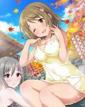  ;d autumn_leaves bangs bare_legs bare_shoulders blue_sky blush brown_eyes brown_hair cloud day dutch_angle flower grey_hair hair_flower hair_ornament idolmaster idolmaster_cinderella_girls kanzaki_ranko leaf looking_to_the_side maple_leaf mimura_kanako multiple_girls nape official_art one_eye_closed onsen open_mouth outdoors red_eyes rock short_hair shoulder_blades sitting_on_rock sky smile sweat towel tree twintails water wet 