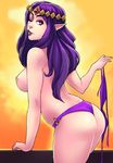 ;) ass bikini bikini_top_removed breasts crown eyeshadow forehead_jewel from_behind greenmarine highres large_breasts leaning_forward lips lipstick long_hair makeup nipples one_eye_closed pointy_ears princess_hilda puckered_lips purple purple_bikini purple_eyes purple_hair purple_lipstick smile solo swimsuit the_legend_of_zelda the_legend_of_zelda:_a_link_between_worlds topless triforce undressing 