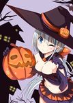  bad_id bad_pixiv_id blue_eyes blush breasts cape cleavage cowboy_shot gloves hako_roku halloween hat highres jack-o'-lantern long_hair medium_breasts midriff navel original ponytail purple_gloves silver_hair skirt smile solo very_long_hair witch witch_hat 