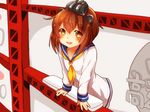  bangs brown_eyes brown_hair dress gameplay_mechanics hair_ornament kantai_collection sailor_dress short_hair smile solo umino_(anesthesia) yukikaze_(kantai_collection) 