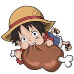  1boy ari_rayoko chibi eating food hat long_sleeves male_focus meat monkey_d_luffy one_piece red_shirt sandals shirt shorts solo straw_hat 