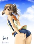  akino_shin ass bangs blush brown_eyes brown_hair character_name cloud commentary_request cowboy_shot day from_behind i-401_(kantai_collection) kantai_collection looking_back outdoors ponytail sailor_collar school_swimsuit school_uniform short_hair sky solo swimsuit swimsuit_under_clothes twitter_username wet 