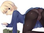  ass bad_id bad_pixiv_id black_legwear blonde_hair blue_eyes blue_skirt blue_sweater blush braid cup darjeeling girls_und_panzer highres looking_at_viewer miniskirt nksk panties panties_under_pantyhose pantyhose pleated_skirt school_uniform short_hair simple_background skirt solo st._gloriana's_school_uniform sweater teacup underwear uniform white_background 