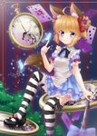  absurdres alice_in_wonderland animal_ears apron black_bow black_footwear blonde_hair blue_eyes bow braid bug butterfly card cheshire_cat dog_ears dress elin_(tera) gears heart highres hyouta_(yoneya) insect mary_janes playing_card pocket_watch ribbon shoe_dangle shoes short_hair sitting smile solo striped striped_background striped_legwear tail tera_online thighhighs twin_braids vertical-striped_background vertical_stripes wand watch 