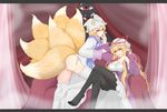  ass black_legwear blonde_hair breasts cleavage crossed_legs cube85 dress fox_tail gap hat highres large_breasts long_hair long_sleeves looking_at_viewer multiple_girls multiple_tails panties pantyhose purple_eyes short_hair sitting tabard tail thighhighs touhou underwear white_panties yakumo_ran yakumo_yukari yellow_eyes 