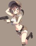  :p bad_id bad_pixiv_id belt boots brown_eyes brown_hair crop_top fio_germi glasses gun hand_on_own_head handgun hat highres holding jacket knee_pads metal_slug midriff navel open_clothes open_jacket ponytail running short_hair short_shorts shorts shuf smile snk solo tongue tongue_out weapon 