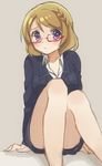  arm_support blazer blush brown_hair glasses jacket koizumi_hanayo love_live! love_live!_school_idol_project pencil_skirt purple_eyes red-framed_eyewear semi-rimless_eyewear shigure_ui short_hair sitting sketch skirt solo under-rim_eyewear 