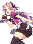  :d apron ass black_legwear frills glass hair_ribbon hairband long_hair looking_back mmu official_art open_mouth original pencil_skirt pinstripe_pattern purple_eyes purple_hair ribbon skirt smile soda solo striped thighhighs tray waitress 