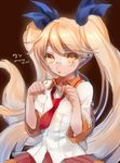  blonde_hair blush clenched_hands dog_tail glasses hair_ribbon long_hair looking_at_viewer momoshiki_tsubaki necktie red_neckwear retoree ribbon show_by_rock!! skirt solo tail twintails upper_body very_long_hair yellow_eyes 