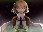  arm_warmers black_background blonde_hair covering_mouth fog green_eyes highres ichi_ran light_particles looking_at_viewer mizuhashi_parsee scarf short_hair short_sleeves solo touhou upper_body 