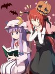  bat book capelet chair closed_eyes coat commentary crescent demon_girl demon_wings dress halloween hands_clasped hat head_wings jack-o'-lantern juliet_sleeves koakuma long_sleeves mob_cap multiple_girls nikori open_clothes open_coat open_mouth own_hands_together patchouli_knowledge puffy_sleeves pumpkin_hat purple_eyes purple_hair red_hair shirt sitting skirt skirt_set smile striped striped_dress touhou vest wings 
