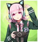  animal_ears axent_wear backpack bag cat_ear_headphones danganronpa flipped_hair hair_ornament hairclip handheld_game_console headphones highres hood hoodie nanami_chiaki open_mouth pink_eyes pink_hair playstation_portable shine5s short_hair solo super_danganronpa_2 