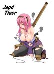  bare_shoulders breasts cleavage closed_eyes full_body highres jagdtiger kneeling large_breasts long_hair miki_purasu original pantyhose personification pink_hair simple_background solo tank_destroyer torn_clothes torn_legwear white_background 