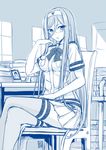  :o alternate_costume aoki_hagane_no_arpeggio bespectacled blush bow chair crossed_legs glasses highres long_hair looking_at_viewer luzi mole mole_under_mouth monochrome open_mouth short_sleeves signature sitting sketch skirt solo takao_(aoki_hagane_no_arpeggio) thighhighs uniform very_long_hair 