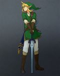  blonde_hair blue_eyes boots brown_gloves earrings gloves hat jewelry knee_boots link male_focus master_sword morishige planted_sword planted_weapon pointy_ears scabbard sheath shield solo sword the_legend_of_zelda tunic weapon 