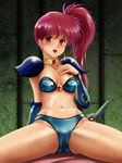  1girl artist_request asagiri_youko blush breasts cameltoe earrings empty_eyes erect_nipples gauntlets genmu_senki_leda jewelry looking_at_viewer medium_breasts necklace open_mouth pussy_juice red_eyes red_hair saliva shoulder_pads sitting solo spread_legs sweat tamanegiinyo 