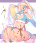  1girl 5jack ass back blonde_hair blue_eyes blush capcom embarrassed frills leotard looking_at_viewer mask rainbow_mika sideboob solo street_fighter street_fighter_zero_3 twintails wedgie wrestling_outfit 
