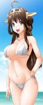  :d absurdres ahoge bikini blue_eyes breasts brown_hair byeontae_jagga cleavage hand_on_hip highres kantai_collection kongou_(kantai_collection) large_breasts long_hair navel open_mouth revision side-tie_bikini smile solo strap_gap swimsuit 