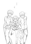  1girl 2boys blush copyright_request eromettsu eyes_closed monochrome multiple_boys simple_background translation_request 