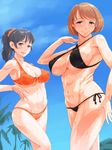  beach bikini black_bikini black_hair blue_eyes breasts brown_eyes brown_hair cleavage covered_nipples day huge_breasts jt_dong-agyoku large_breasts multiple_girls navel orange_bikini original palm_tree ponytail scrunchie short_hair side-tie_bikini smile sweat swimsuit tree 