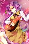  biwa_lute dress flower hair_flower hair_ornament instrument kutsuki_kai long_hair lute_(instrument) musical_note purple_eyes purple_hair smile solo touhou tsukumo_benben twintails 