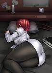  arm_strap ass ayakumo bangs bed bed_sheet breasts briefcase clock cordless_phone drumsticks ears envelope from_side full_body horikawa_raiko indoors jacket long_sleeves lying on_bed on_side phone pillow red_hair shiny shiny_hair short_hair skirt sleeping solo taiko_sticks taut_skirt thighs touhou white_jacket white_skirt window 