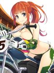  bent_over blue_eyes breast_press breasts building ground_vehicle helmet hisho_collection house large_breasts long_hair looking_at_viewer midriff mmu motor_vehicle motorcycle motorcycle_helmet official_art orange_hair pillar ponytail railing simple_background smile solo white_background 