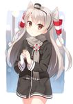  adapted_costume alternate_costume amatsukaze_(kantai_collection) brown_eyes can coat hair_tubes hairband head_tilt holding hyuuga_azuri kantai_collection long_hair looking_at_viewer parted_lips scarf silver_hair solo steam two_side_up 