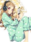  brown_hair cellphone food_print frilled_pillow frills headphones hisho_collection long_hair looking_at_viewer lying mmu official_art on_side pajamas phone pillow print_pajamas red_eyes smartphone smile solo strawberry_print 