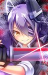  bad_id bad_pixiv_id black_gloves brown_eyes cardigan close-up eyepatch fingerless_gloves gloves grin headgear highres izayoi_mirura kantai_collection looking_at_viewer purple_hair short_hair smile smirk solo sparkle sword tenryuu_(kantai_collection) weapon 