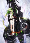  barefoot chain cuffs green_eyes green_hair headphones highres legs long_hair looking_at_viewer neco original ribbon shackles shorts solo very_long_hair 