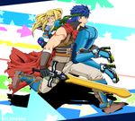  1girl arm_guards ass asymmetrical_clothes belt blonde_hair blue_eyes blue_hair blush boots cape carrying carrying_over_shoulder clenched_teeth directional_arrow fire_emblem fire_emblem:_akatsuki_no_megami gloves gun headband high_collar high_heels ike looking_back metroid pants ponytail ragnell rocket_boots running samus_aran sidelocks skin_tight sleeveless super_smash_bros. sweatdrop sword teeth weapon zero_suit 