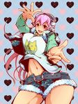  blush breasts finger_gun headphones large_breasts long_hair looking_at_viewer navel nitroplus open_mouth pink_hair red_eyes smile solo super_sonico tachibana_nijou 