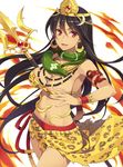 animal_print black_hair bracelet breasts character_request earrings fire hisho_collection jewelry large_breasts leopard_print long_hair looking_at_viewer mmu navel_piercing necklace official_art pearl_necklace piercing polearm red_eyes smile snake solo tan tiara trident very_long_hair weapon 