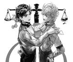  2boys arms_behind_back balance_scale black_hair bow bowtie cravat dio_brando greyscale hand_on_hip jojo_no_kimyou_na_bouken jonathan_joestar letter monochrome multiple_boys pocket_watch short_hair simple_background symmetry watch weighing_scale white_background younger 