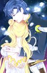  1girl 2014 back_bow bishoujo_senshi_sailor_moon blonde_hair blue_eyes blue_hair bow chiba_mamoru couple crescent dated double_bun endymion hetero long_hair nape petals princess_serenity scabbard sheath signature tsukino_usagi twintails yukinami_(paru26i) 