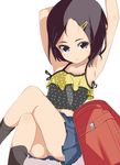  armpits arms_up backpack bad_id bad_pixiv_id bag black_eyes black_hair camisole child crossed_legs hair_ornament hairclip kneehighs midriff navel original panties pantyshot pantyshot_(sitting) randoseru short_hair sitting skirt smile solo tamakorogashi underwear 